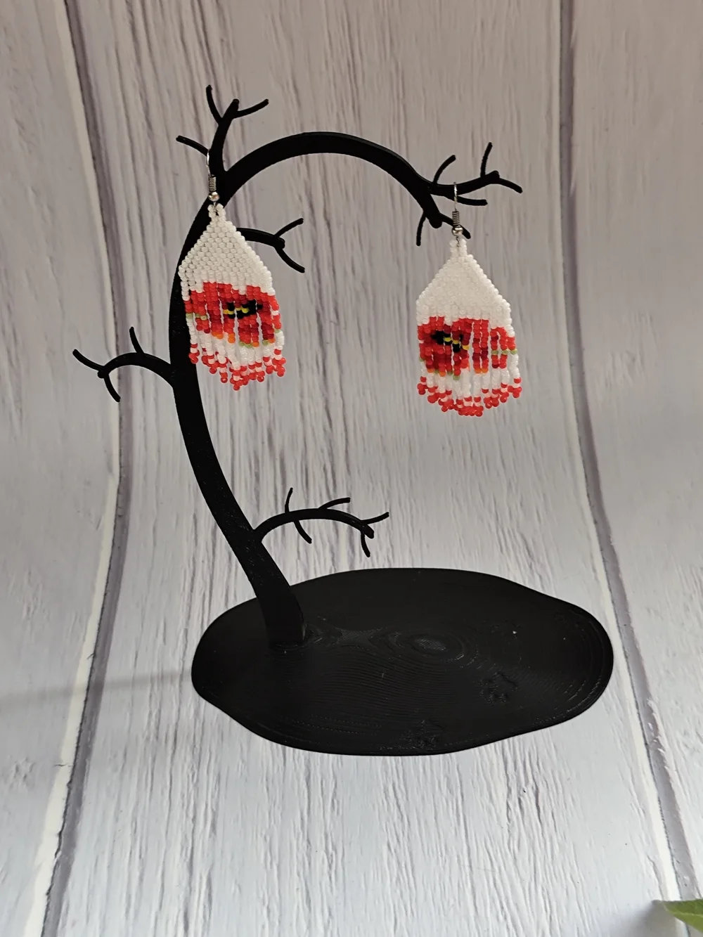 White & Red Beaded Floral Dangle Earrings